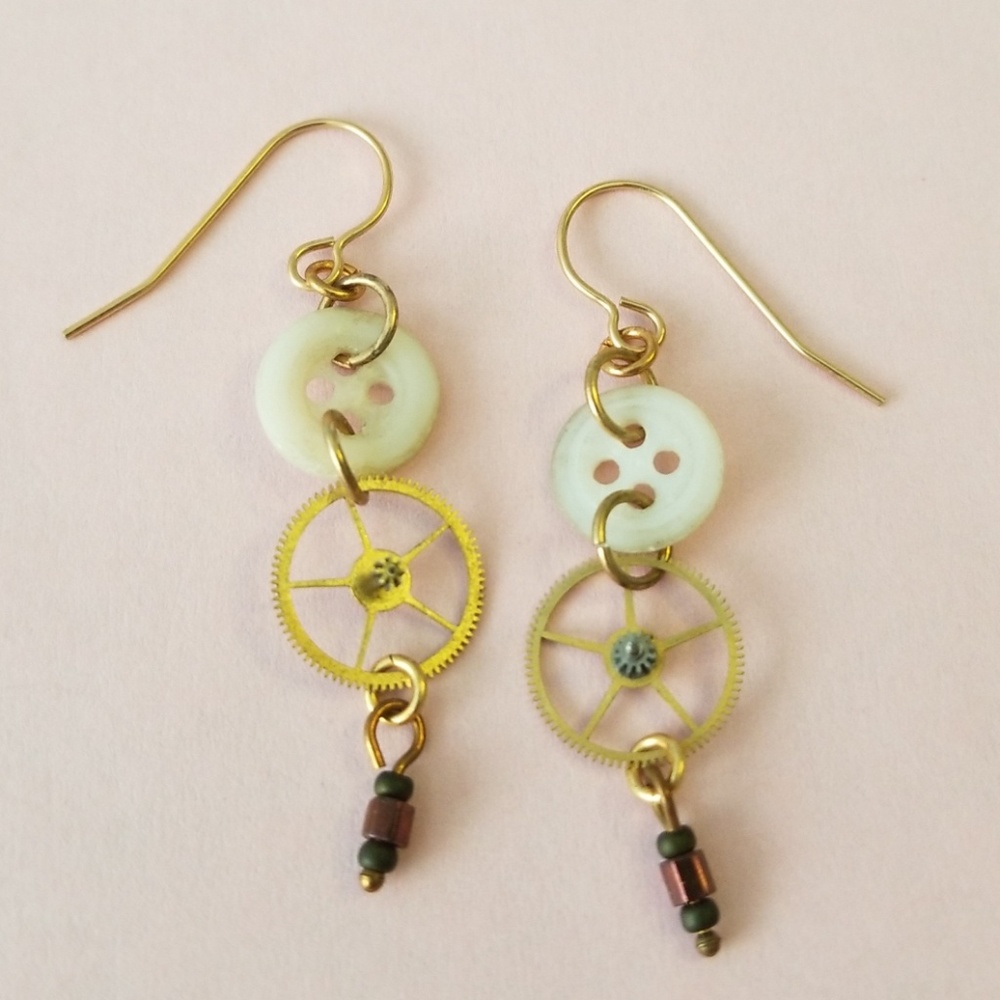 Steampunk earrings! Watch gears and antique button